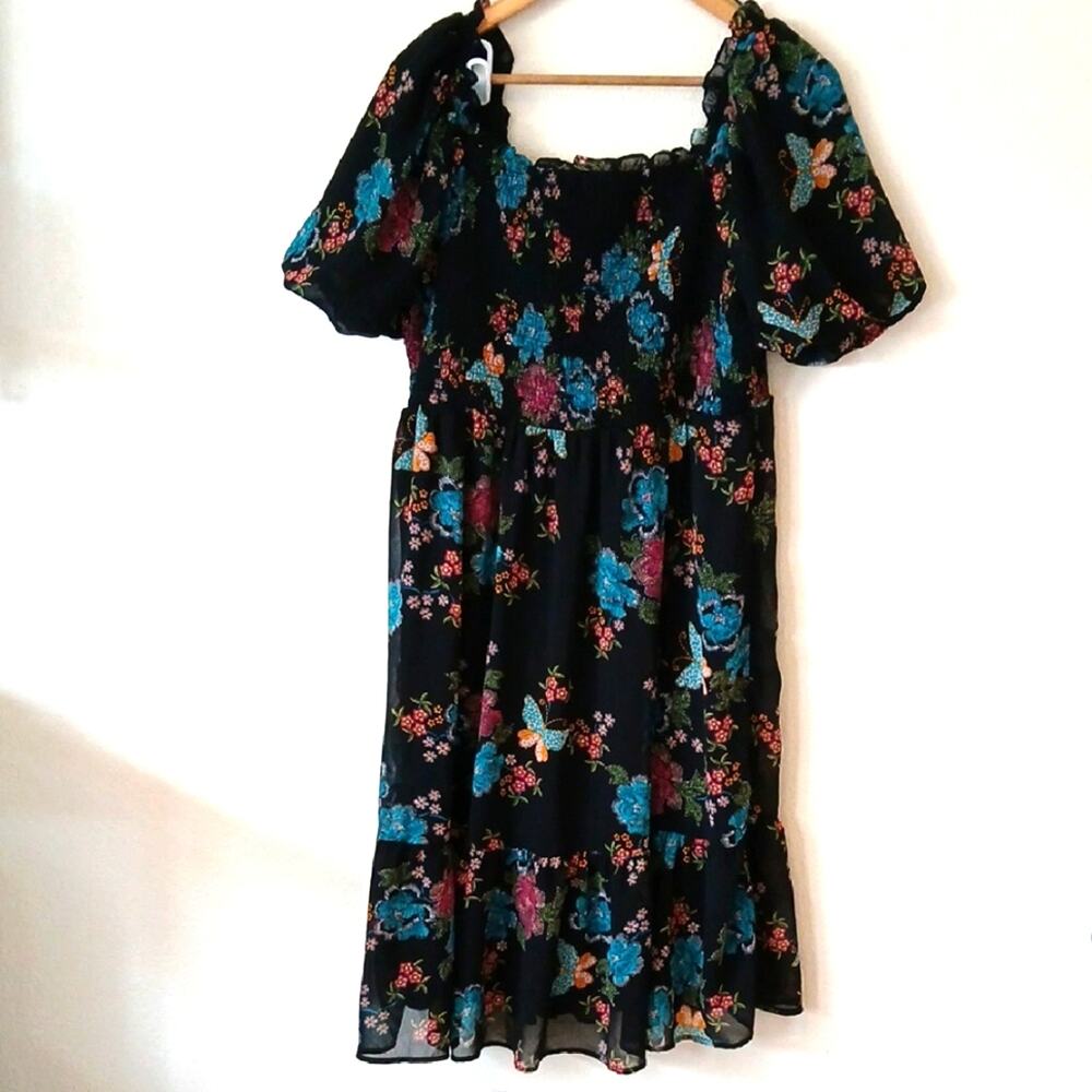 LC Lauren Conrad Butterfly Smocked Puff Sleeve Black Dress
